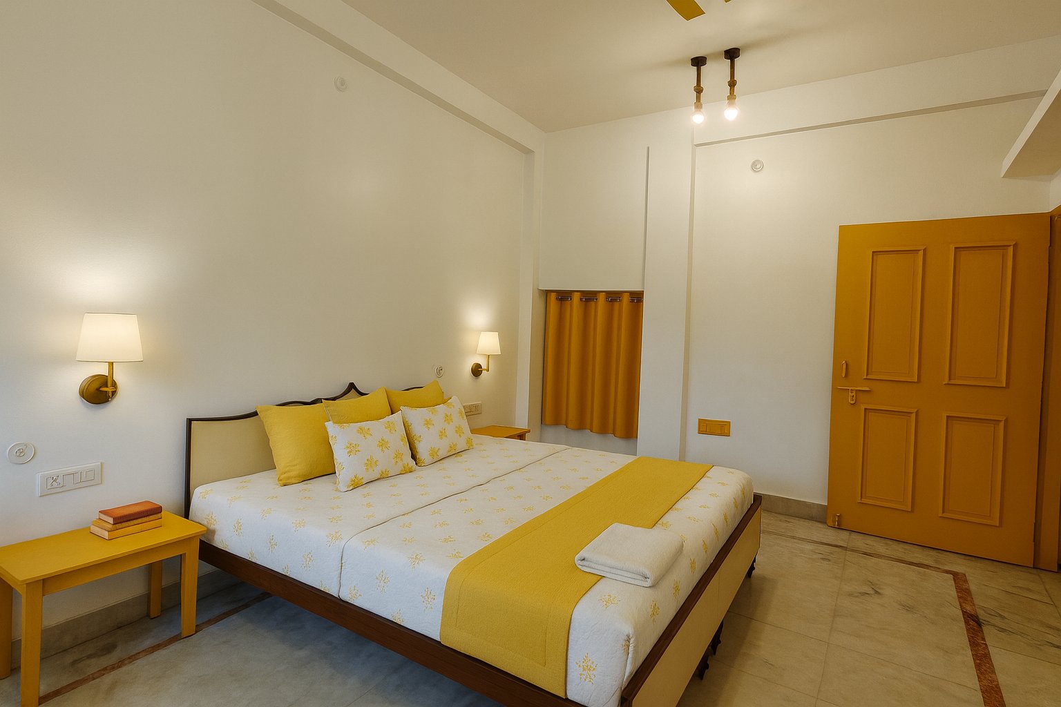 Minimalist — white and yellow bedroom with warm lighting