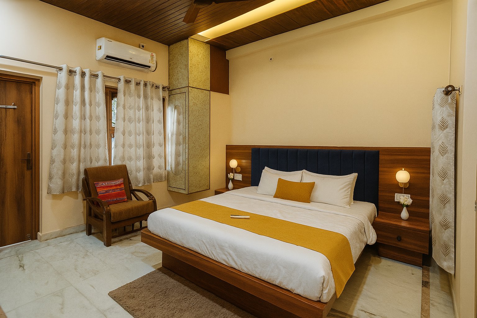 Pratham — warm amber bedroom with wooden ceiling
