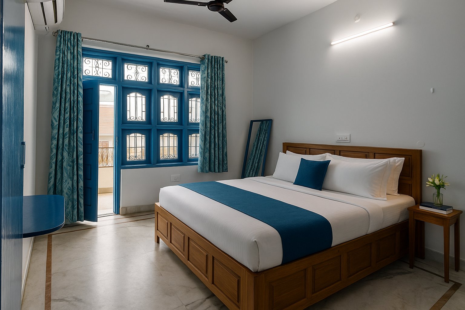 Santorini — white and blue bedroom with ornate windows